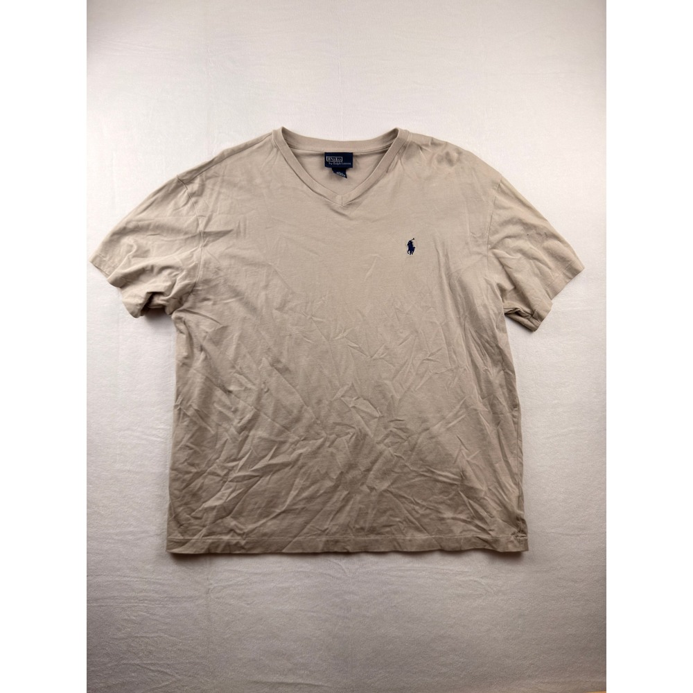 Vtg Polo Ralph Lauren Mens V-Neck T-Shirt Tan Khaki Cotton Short Sleeve L